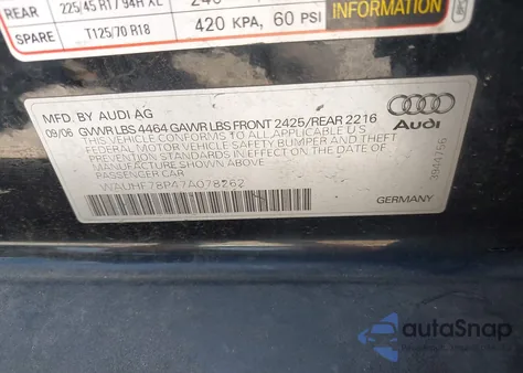 2007 Audi A3 2.0T from USA, damaged, VIN WAUHF78P47A078262